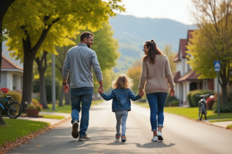 Famille heureuse marchant dans une rue résidentielle en famille