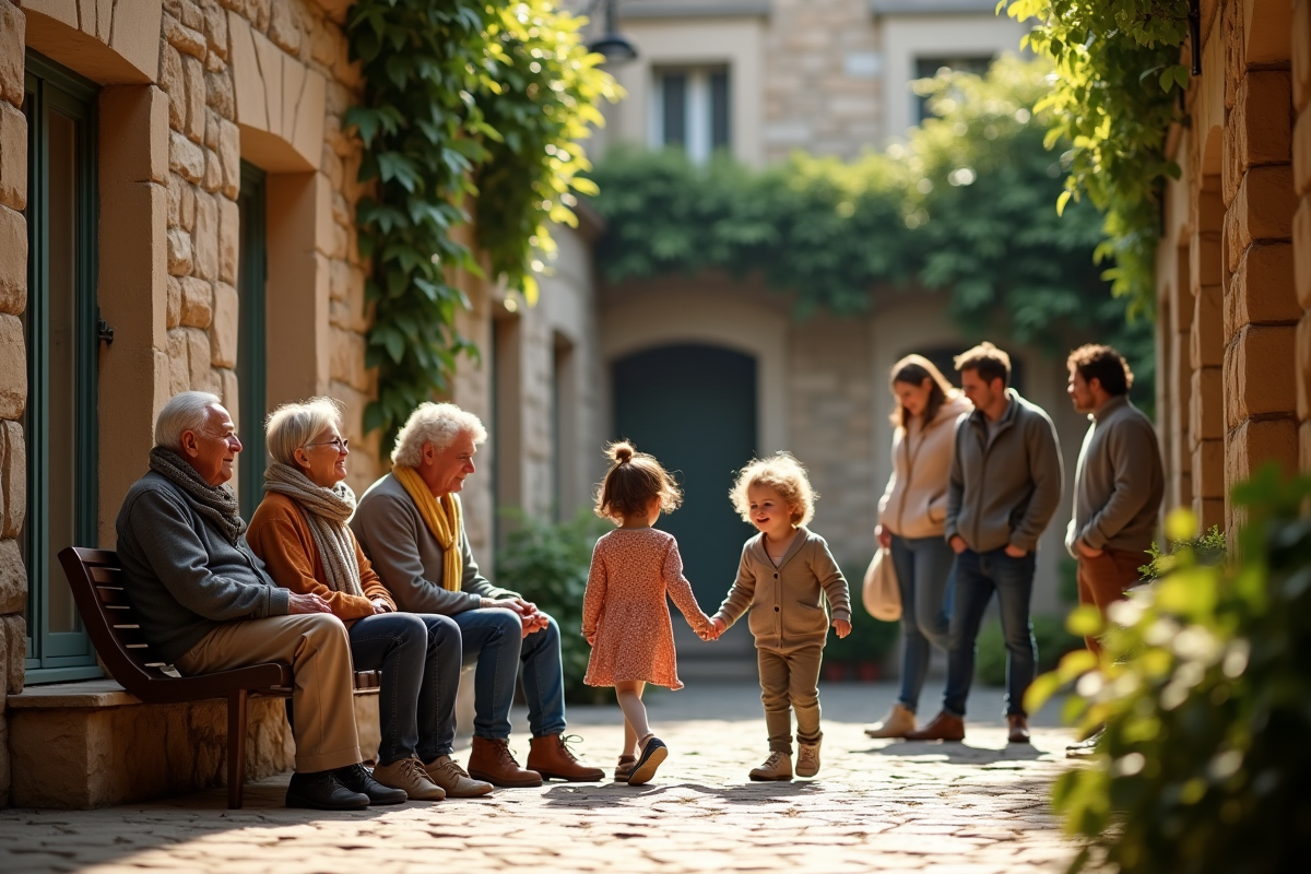 Familles françaises dans une cour historique ensoleillée à Lyon