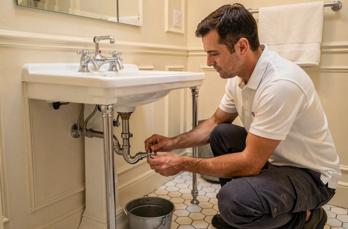 Faria Joaquim remplaçant un robinet sur un lavabo à colonne dans une salle de bain ancienne en France