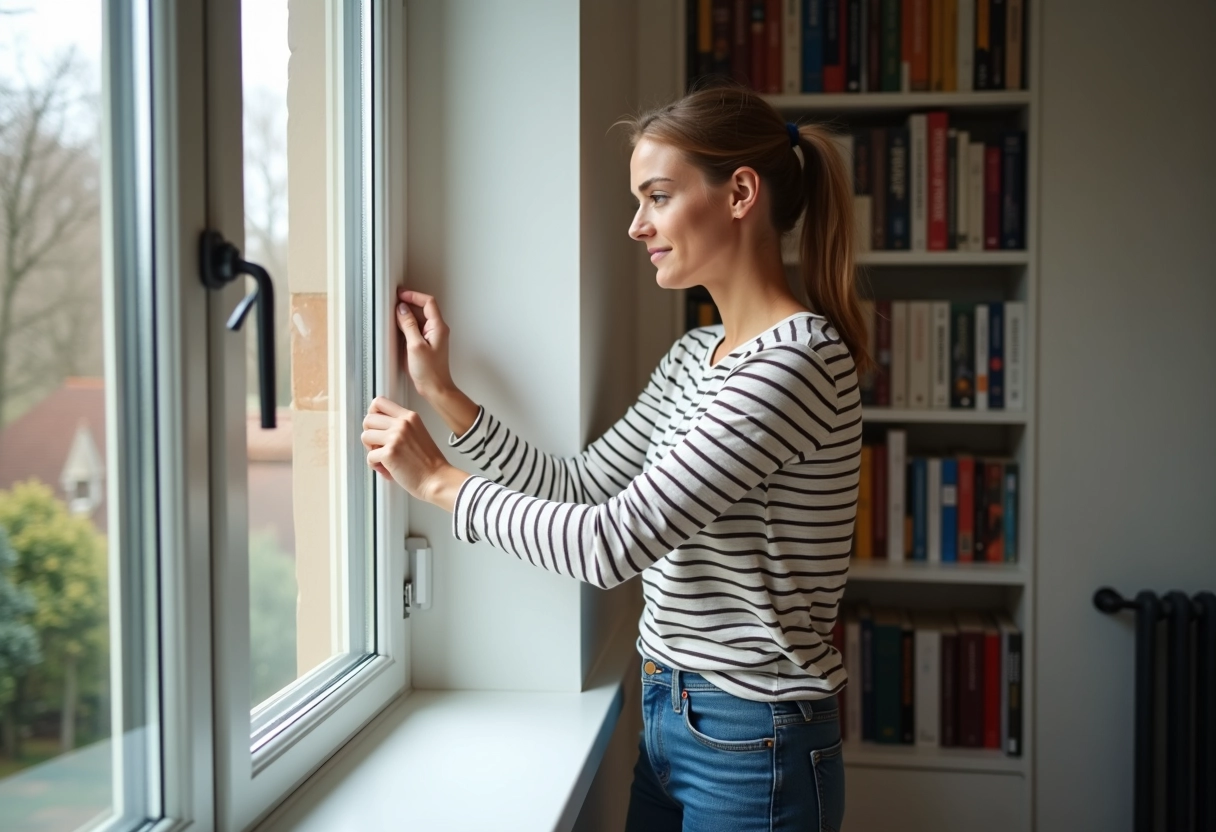 Jeune femme posant du calfeutrage sur une fenêtre