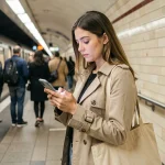 Jeune femme consultant l'application RATP sur son smartphone dans une station de métro parisienne