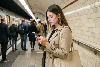 Jeune femme consultant l'application RATP sur son smartphone dans une station de métro parisienne