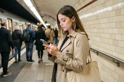Jeune femme consultant l'application RATP sur son smartphone dans une station de métro parisienne