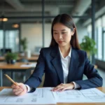 Femme architecte asiatique en costume bleu dans un bureau moderne
