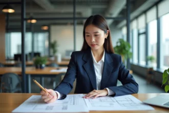 Femme architecte asiatique en costume bleu dans un bureau moderne