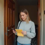 Femme tenant un avis de passage La Poste et un smartphone devant la porte de son immeuble pour reprogrammer une livraison