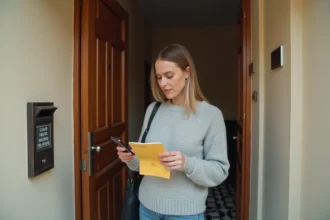 Femme tenant un avis de passage La Poste et un smartphone devant la porte de son immeuble pour reprogrammer une livraison