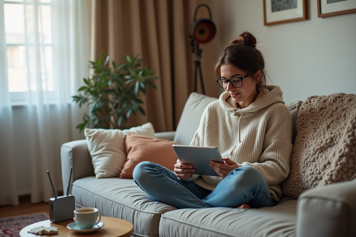 Femme détendue utilisant une tablette dans un salon confortable