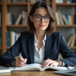 Femme professionnelle en bureau avec livre bilingue