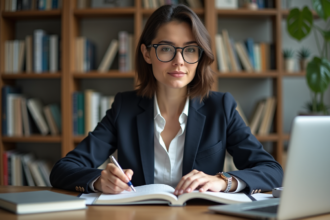 Femme professionnelle en bureau avec livre bilingue