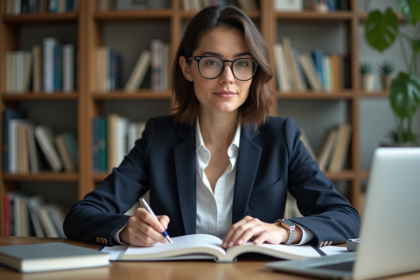Femme professionnelle en bureau avec livre bilingue