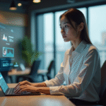 Jeune femme au bureau utilisant une interface digitale
