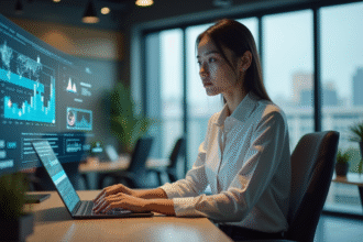 Jeune femme au bureau utilisant une interface digitale