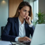 Femme en blazer navy travaillant sur son ordinateur au bureau