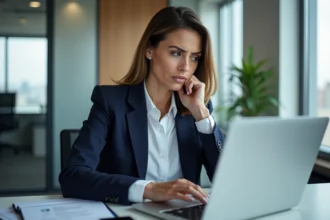 Femme en blazer navy travaillant sur son ordinateur au bureau