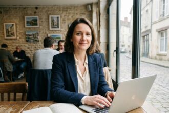 Femme d'affaires souriante au café à Niort