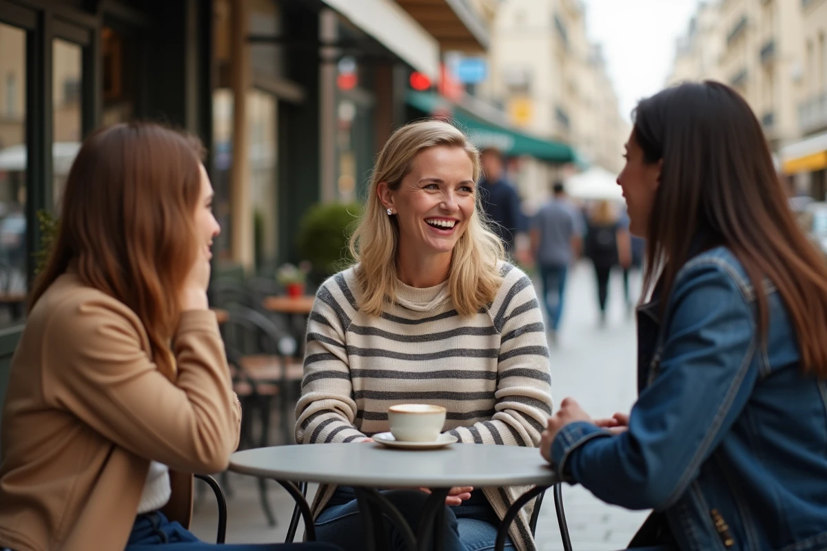 Femme blonde souriante dans un café parisien en terrasse
