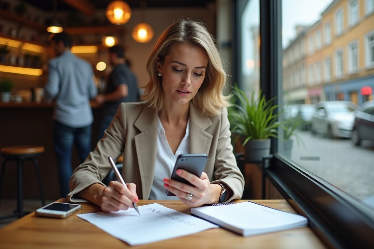 Femme vérifiant sa checklist dans un café animé