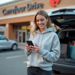 Femme utilisant un code promo Carrefour Drive sur smartphone dans un parking de drive