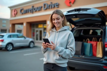 Femme utilisant un code promo Carrefour Drive sur smartphone dans un parking de drive