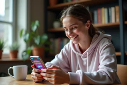 Femme jouant à Coin Master sur smartphone avec des tours gratuits pour progresser rapidement