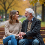Femme âgée et homme souriant dans un parc automnal