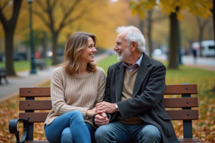 Femme âgée et homme souriant dans un parc automnal