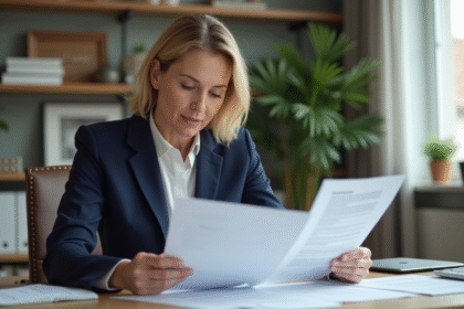 Femme d'âge moyen étudie des documents de prêt immobilier dans un bureau moderne