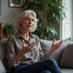 Femme française en conversation dans un salon moderne