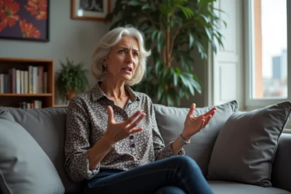 Femme française en conversation dans un salon moderne