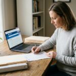 Femme remplissant des formulaires administratifs à son bureau à domicile avec un ordinateur portable
