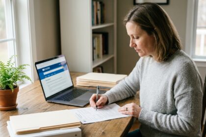 Femme remplissant des formulaires administratifs à son bureau à domicile avec un ordinateur portable