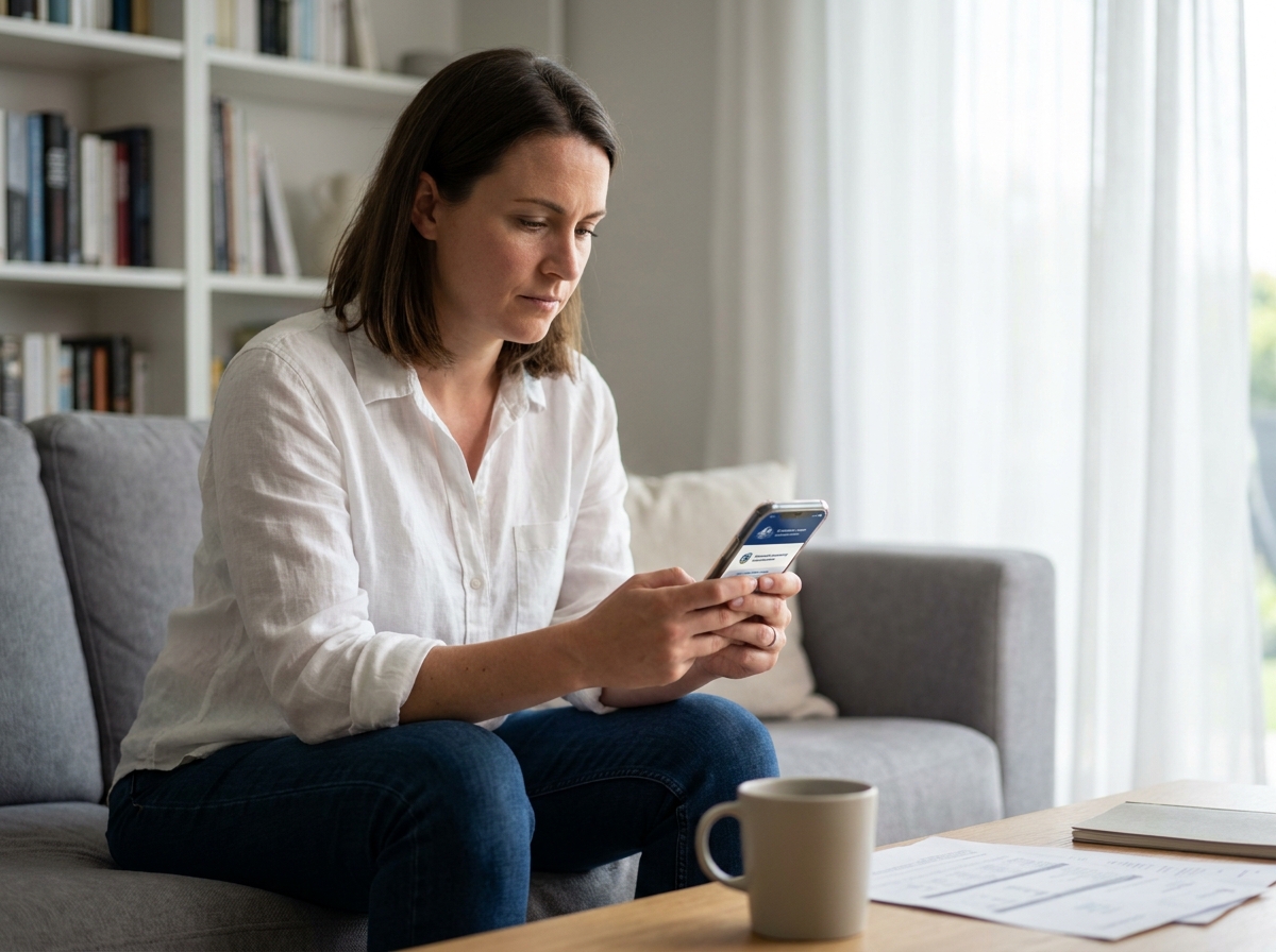 Femme utilisant une application mobile sur smartphone pour effectuer des démarches administratives en ligne