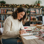 Femme souriante écrivant une carte de voeux dans un salon chaleureux