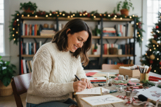 Femme souriante écrivant une carte de voeux dans un salon chaleureux