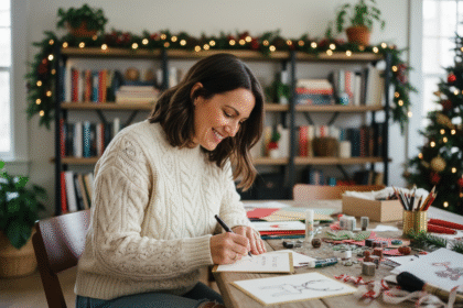 Femme souriante écrivant une carte de voeux dans un salon chaleureux
