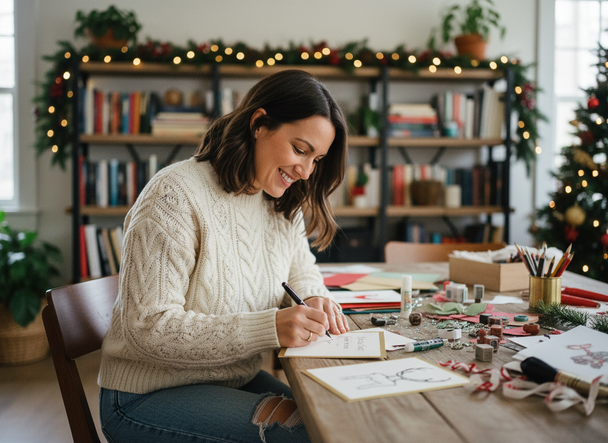 Femme souriante écrivant une carte de voeux dans un salon chaleureux