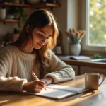 Jeune femme écrivant une note d'amour dans une cuisine lumineuse