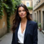 Femme élégante française aux cheveux bruns dans une cour parisienne en pierre, portrait raffiné inspiré d'Alice Taglioni