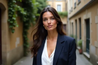 Femme élégante française aux cheveux bruns dans une cour parisienne en pierre, portrait raffiné inspiré d'Alice Taglioni