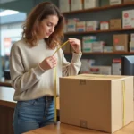 Femme vérifiant les dimensions d'un colis dans un magasin d'expédition