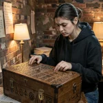 Jeune femme concentrée résolvant une énigme dans une salle d'évasion avec boîte à puzzles et indices codés