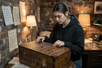 Jeune femme concentrée résolvant une énigme dans une salle d'évasion avec boîte à puzzles et indices codés