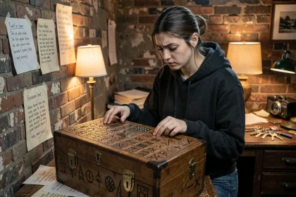 Jeune femme concentrée résolvant une énigme dans une salle d'évasion avec boîte à puzzles et indices codés