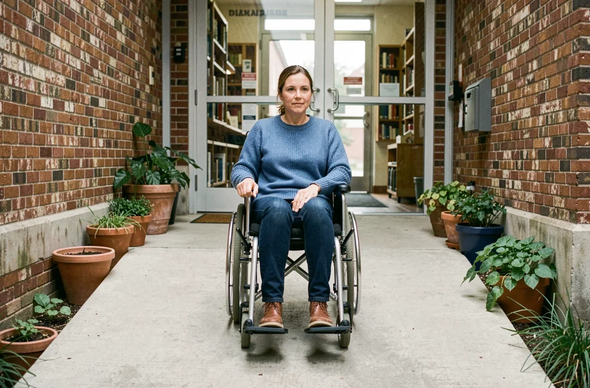 Femme en fauteuil roulant remontant une rampe d'accès en béton à l'entrée d'une bibliothèque publique