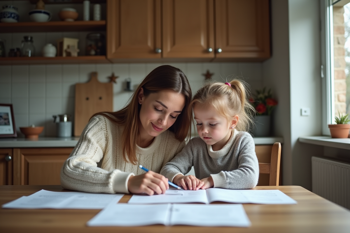Femme et fille assises à la cuisine en train d'étudier des documents