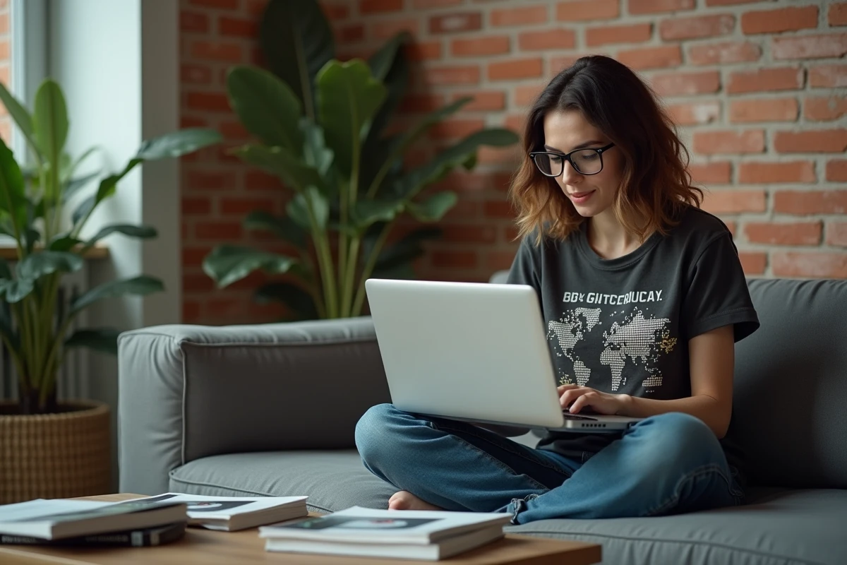 Femme passionnée de culture geek lisant un blog lifestyle tech sur son laptop dans un salon cosy