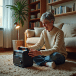 Femme souriante utilisant un générateur compact dans son salon lumineux