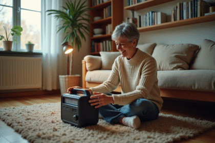Femme souriante utilisant un générateur compact dans son salon lumineux