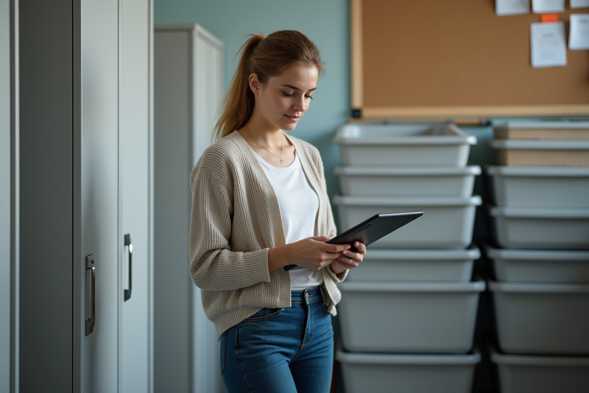 Jeune femme vérifiant un inventaire dans un bureau moderne